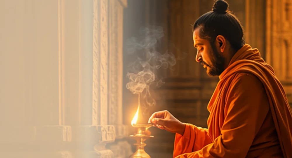 A monk holding a lit oil lamp inside a temple corridor