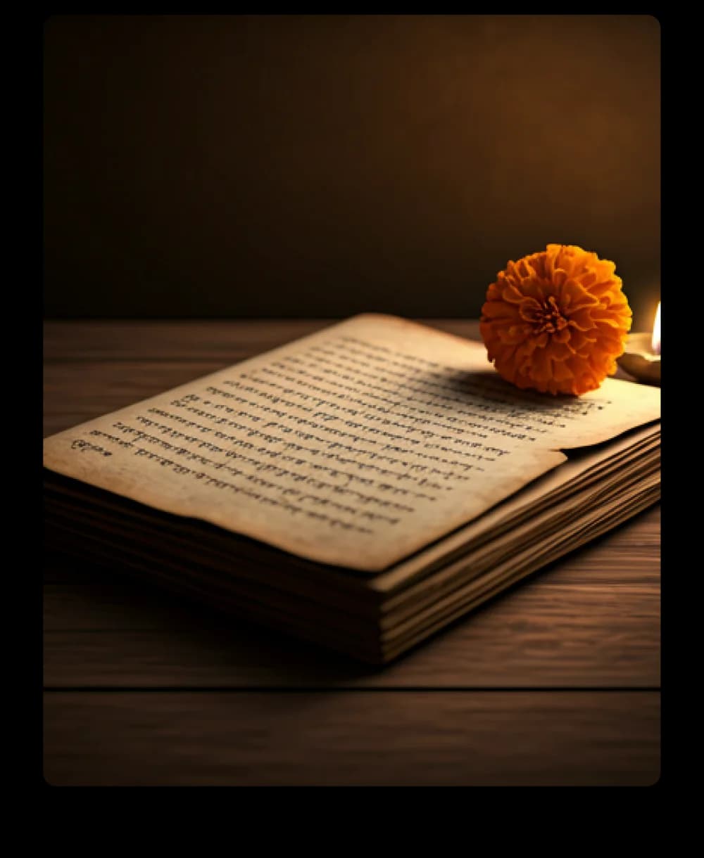 An open antique book resting on a wooden table beside a dried flower
